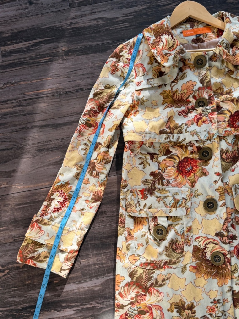 Cynthia Steffe Coat Long Blazer Style Jacket Micro Corduroy Printed Blue Brown M - Picture 9 of 16